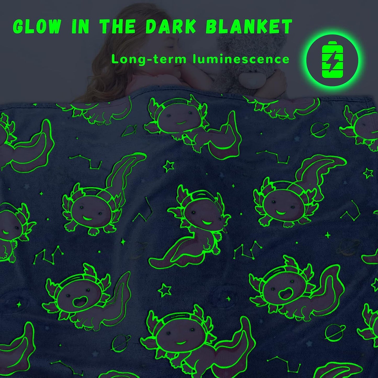 Axolotl Blanket Glow in The Dark for Girls - Pink Axolotl Gifts for Teens Girls, Salamander Soft Blankets Cute Cozy Plush Toys for Kids Boys, Lightweight Fleece Throws for Couch & Bed Decor 50x60inch