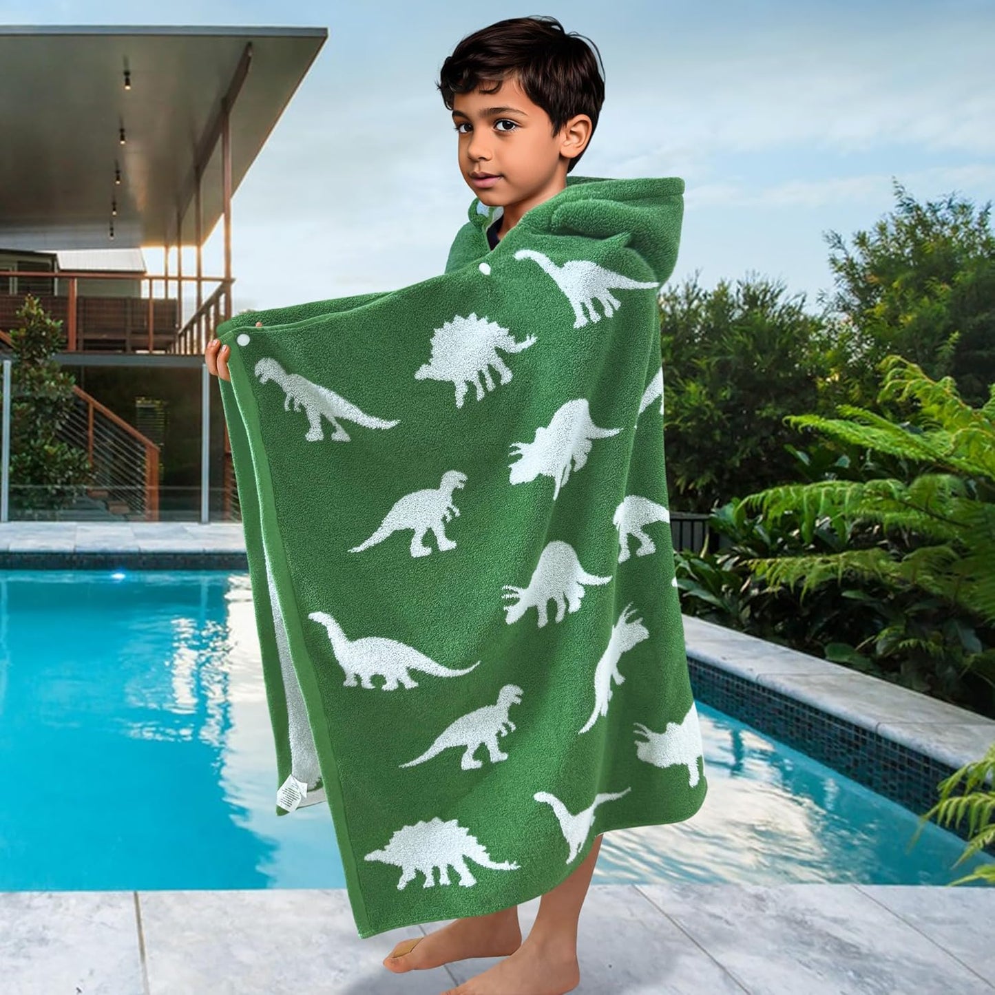 VOOVA & MOVAS Kids Hooded Bath Towels (3-10Years,30"x54"),100% Cotton Thick Absorbent Soft Towel Wrap for Toddler Boys,Perfect for Bathroom | Pool | Beach | Swimming, Jacquard Green Dinosaur