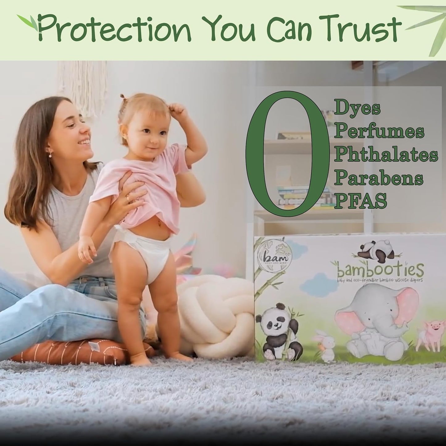 Bamboo Baby Diapers, Totally Chlorine Free for Sensitive Skin for Newborns to XXL. Hypoallergenic & Non Toxic Eco Friendlier Plant-Based Materials. TCF Medium Size 2 to 3 Diapers (32 ct)