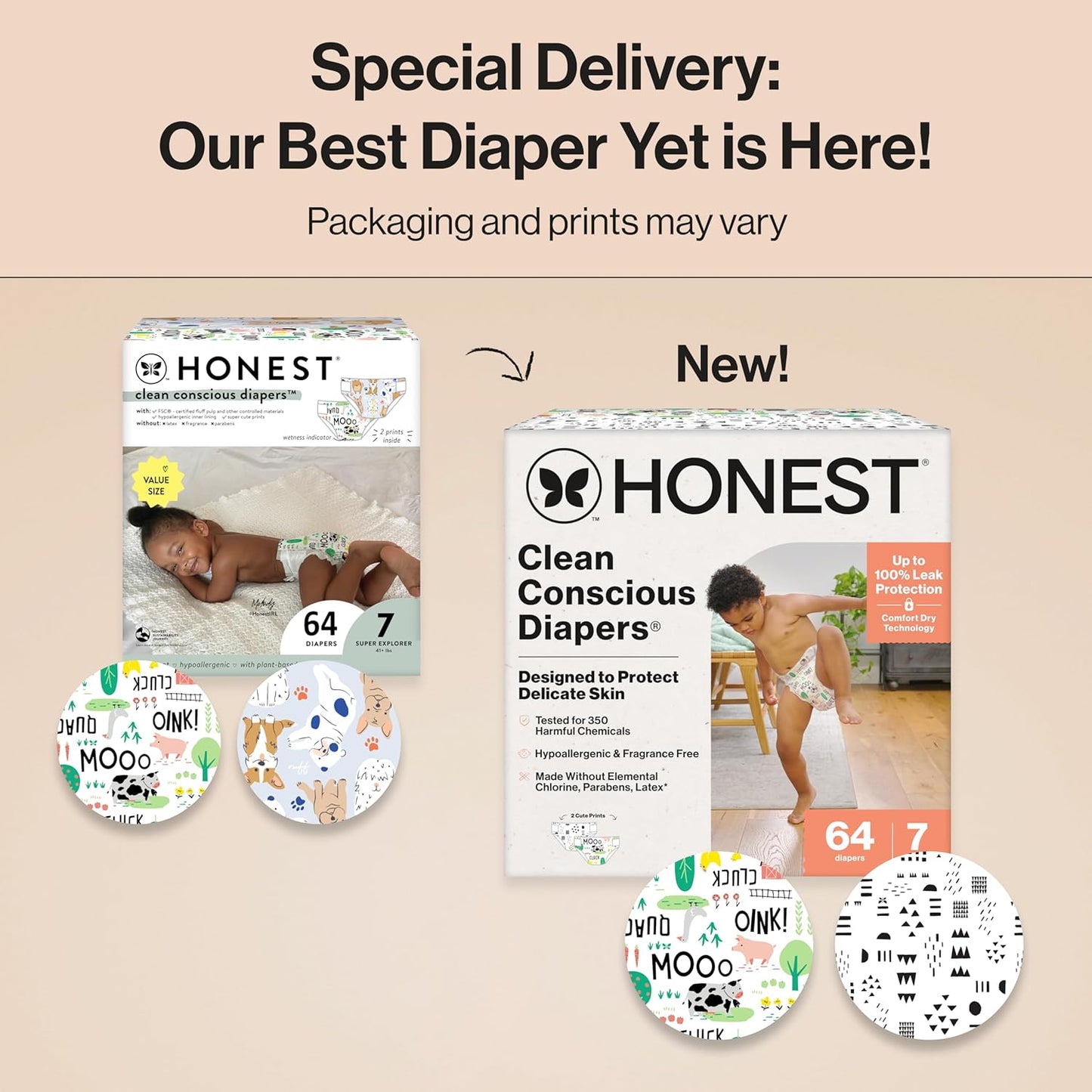 The Honest Company Clean Conscious Diapers for Delicate Skin, Up to 100% Leakproof Hypoallergenic Fragrance-Free Baby Diapers, Gender Neutral Prints, Super Club Box, Size 7 (41+ lbs), 64 Count