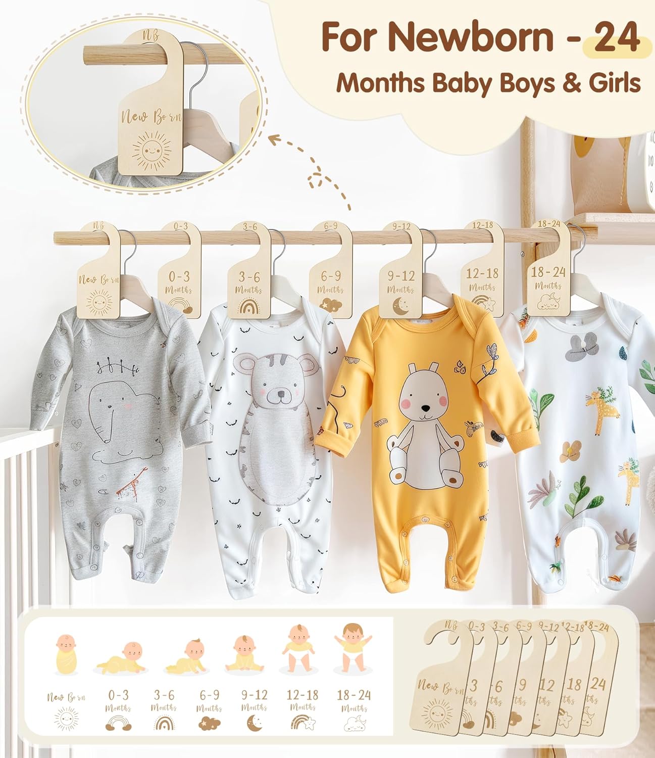 Baby Closet Dividers, Wooden Double Sided Nursery Clothes Size Separators for Newborn to 24 Months, Neutral, 7 Pcs