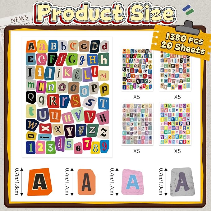 1380 PCS Letter Stickers for Scrapbooking, 20 Sheets Magazine Alphabet Stickers