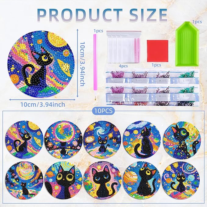 10 PCS Black Cat Diamond Art Coasters Kit