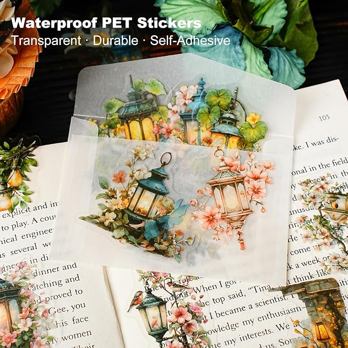 60PCS PET Stickers – Whimsical Mandala Florals, Fantasy Animals & Vintage Lamps