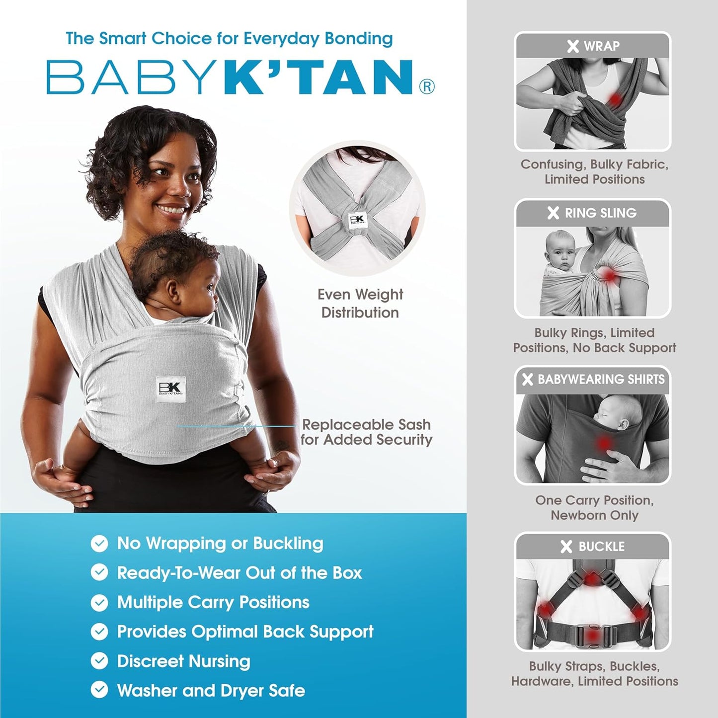 Original Baby K'tan Baby Carrier: #1 Easy Pre-Wrapped, Soft, Slip-On, No Rings, No Buckles | 5 in 1 Baby Sling Gift | The Best Hands Free Infant Wrap | Heather Grey | Large
