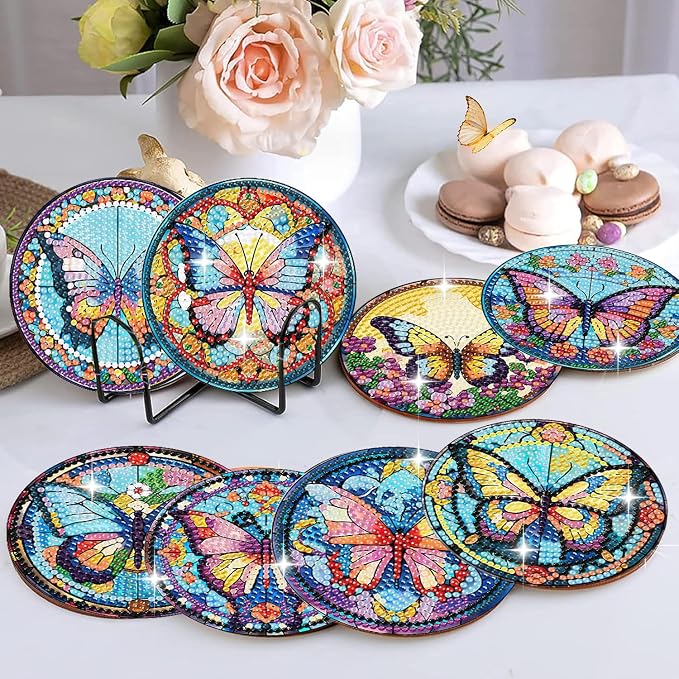 8 Pack Diamond Art Coasters, Butterfly Diamond Painting Coasters Kits |
