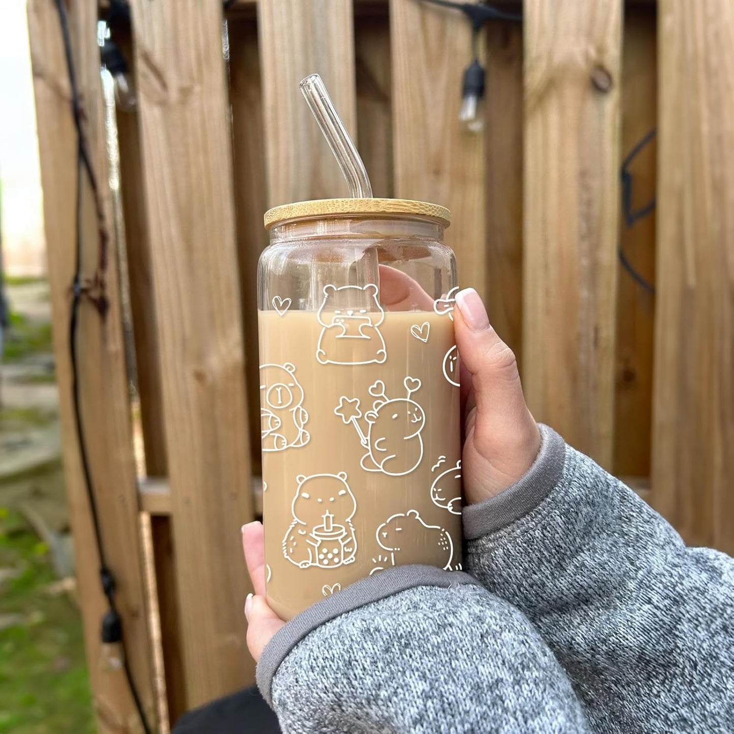 Cute Capybara Stuff - Glass Cup with Lid and Straw, Capybara Gifts for Women Girls, Funny Birthday Decoraions, Iced Coffee Cup Smoothie, 16 oz