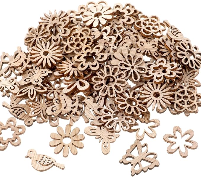 100 PCS Unfinished Wood Crafts Wood Slice Leaf Bird Flowers Butterfly Pattern