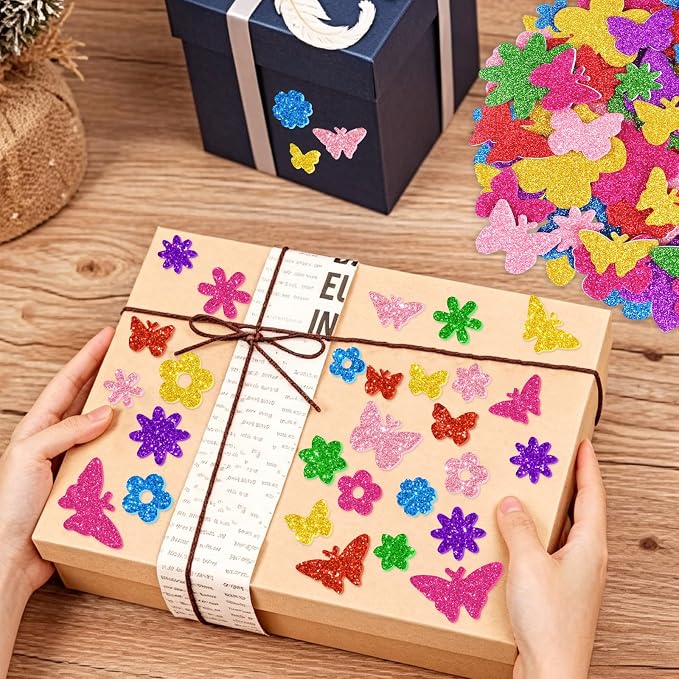 448 Pcs Glitter Foam Stickers, Butterfly & Flower Shapes Stickers, 7 Sheets