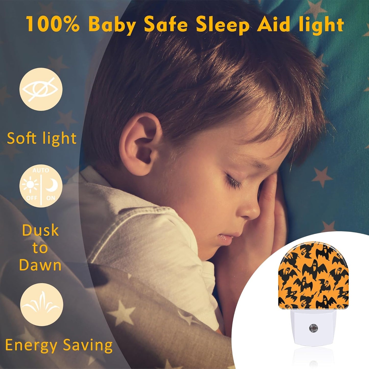 Spooky Halloween Ghosts Night Light, Black Orange Ghosts Dusk to Dawn Night Light Plug in,0.5w Energy Saving Sleep Friendly NightLight for Kids Boys Girls Home Decor