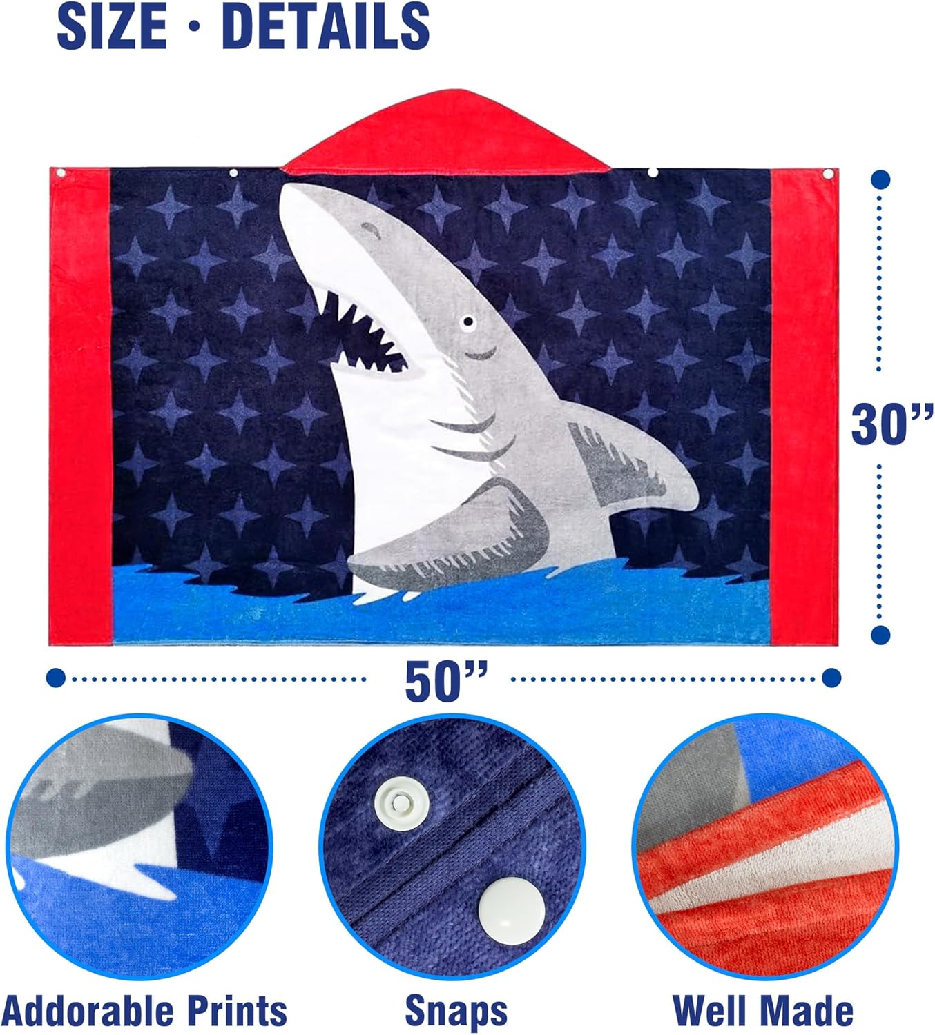 Kids Hooded Bath Towel-Soft Thick 100% Cotton Hooded Beach Towel for Kids 3-10 Years,Absorbent Fast-Drying Cute Toddler Bath & Swim Towel,for Boys & Girls 30"x 50"(Shark Navy)