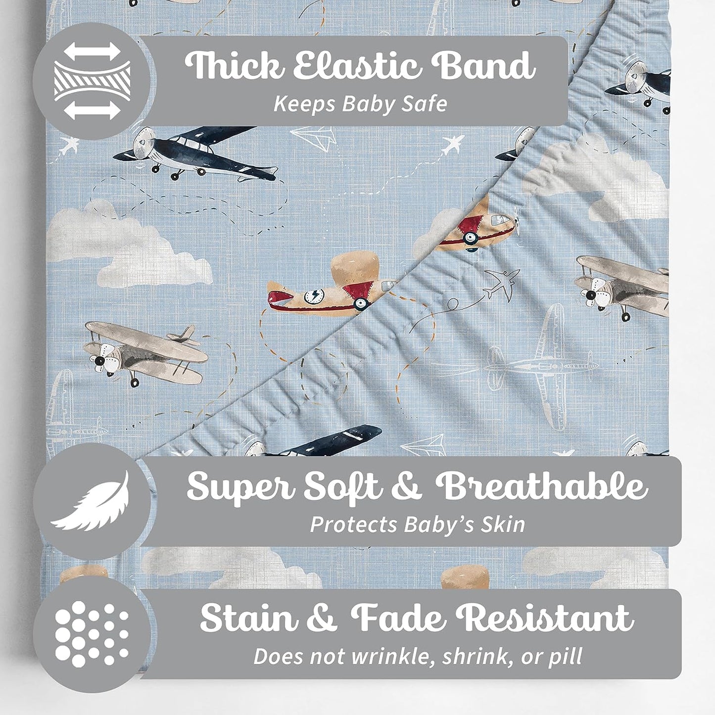 Baby Bassinet Sheets for Boy, Girl (Airplanes & Clouds) 2-Pack - Fitted Bedside Bassinet Sheets - Buttery Soft Cotton Blend for Standard Mattress Pad
