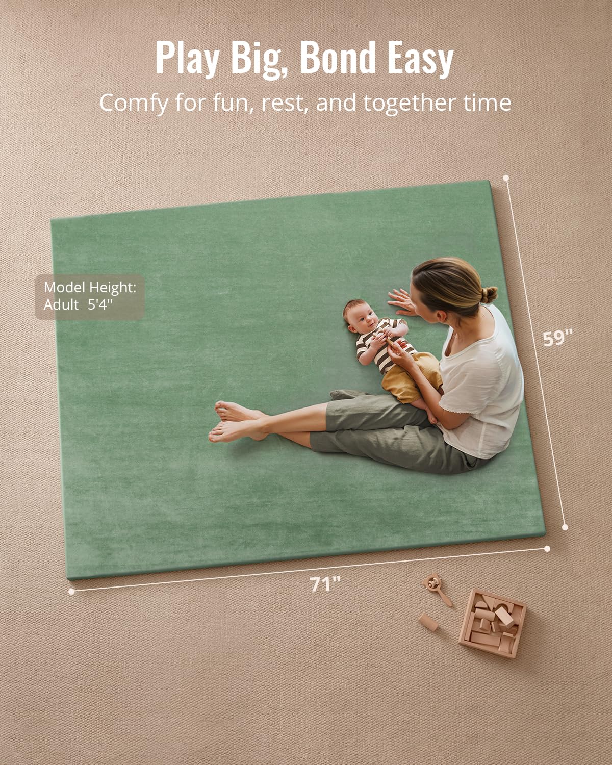 Blissful Diary Ultra Soft Baby Play Mat, 71x59 Extra Large Floor Mat with Removable & Washable Slip-On Cover for Babies and Toddlers, Sage Green