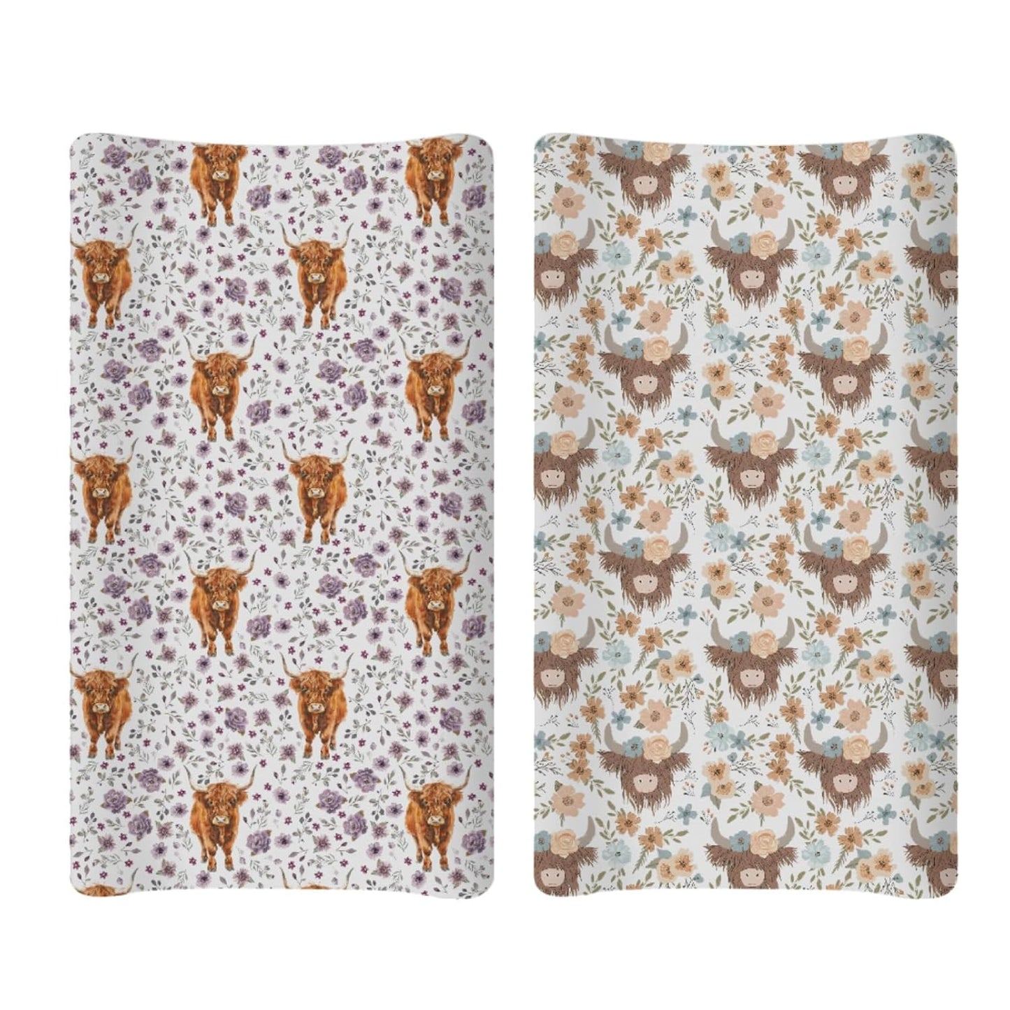Soft 2 Pack Highland Cow Floral Pattern Baby Changing Pad Covers for Infant Newborn, Unisex Farm Animals Western Cow Flowers Nursery Fitted Diaper Changing Table Pad Mat Sheets for Boys Girls-16x32