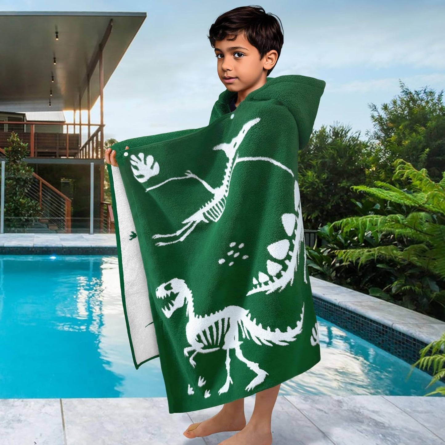 VOOVA & MOVAS Dinosaur Hooded Bath Towels for Kids (3-10Years,30"x53"),Soft Cotton Thick Absorbent Towel Wrap for Toddler Boys,Perfect for Bathroom | Pool | Swimming, Jacquard Green Dino