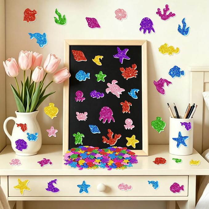 744PCS Glitter Foam Stickers, Colorful Sea Animal Stickers, Self-Adhesive Foam
