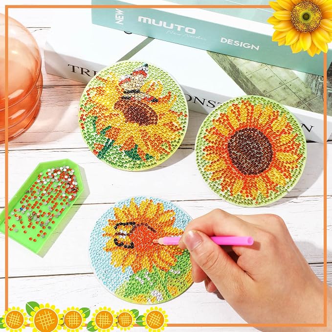 UPINS 8Pcs Sunflower Diamond Art Painting Coasters
