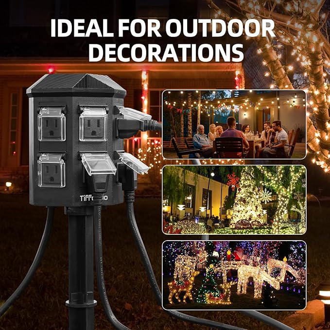 TiFFCOFiO Outdoor Power Strip Timer, Dusk to Dawn Light Sensor Countdown, 25 Feet Extension Cord Waterproof, 6 Grounded Outlets for Halloween and Christmas Decorations, ETL Listed (25 FT)