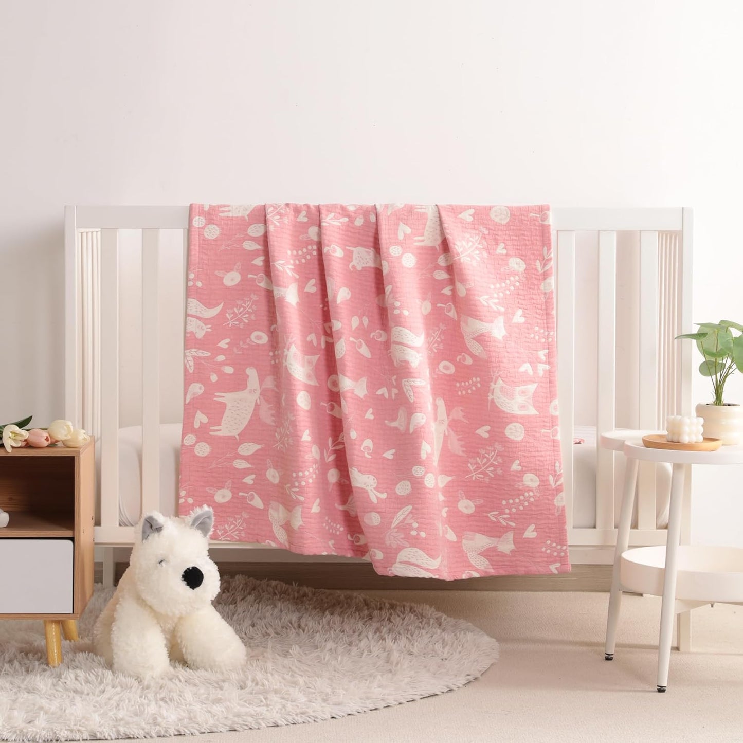NTBAY 3 Layer Toddler Blanket, Muslin Cotton Jacquard Bed Blankets, Lightweight Thermal Baby Blanket, Super Soft and Warm Crib Blanket for All Seasons, Decoration Gift, 30"x40", Pink Owl