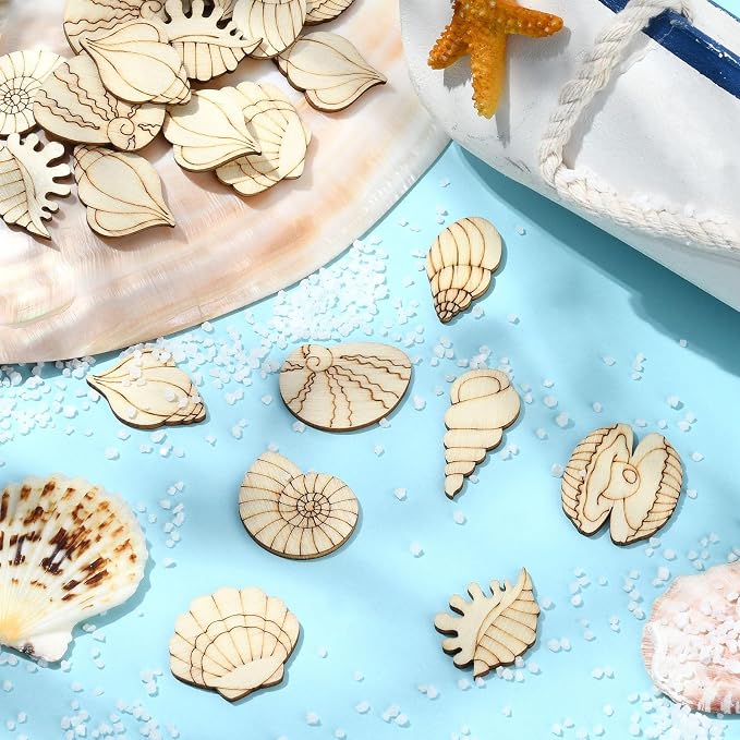 200 pcs Mixed Styles Sea Shell Theme Unfinished Wooden Cutout Charms Conch