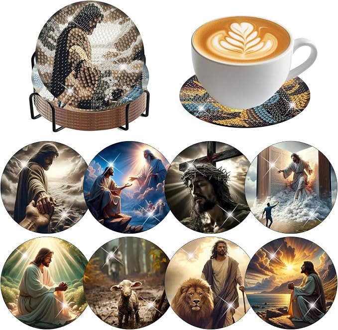 8 Pack Diamond Art Coasters, Jesus Christ Diamond Painting Coasters Kits |