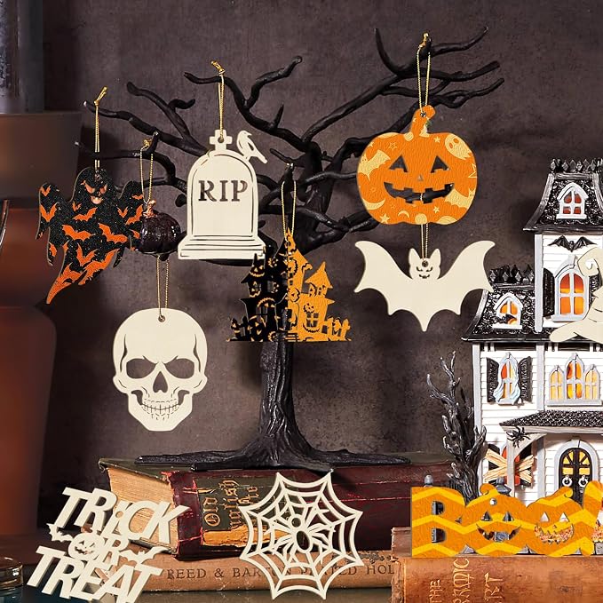 36PCS Wooden Halloween Ornaments to Paint Fall Decorations, 12 Styles DIY Blank