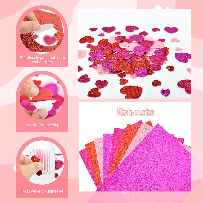 BEISHIDA 392 Pcs Glitter Foam Heart Stickers，Red Pink Purple Heart Shapes