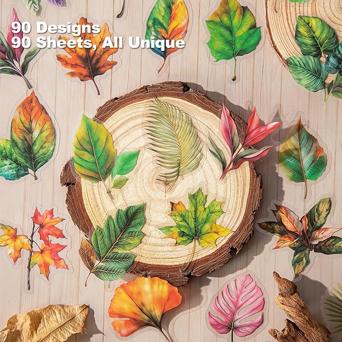 90PCS Leaf PET Stickers — Botanical Designs from Tropical Green to Autumn Maple