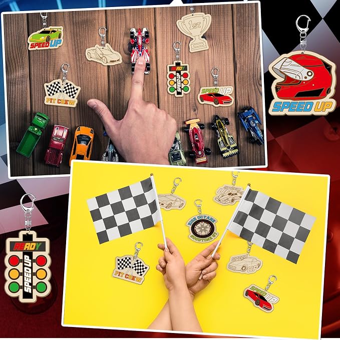 RattanView 24 Pcs Race Car Craft Color Your Own Keychains Diy Craft Wooden