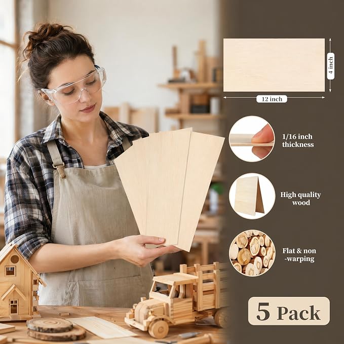 Balsa Wood Sheets, 5 Pack 12 x 4 x 1/16 Inch Unfinished Thin Wood Boards