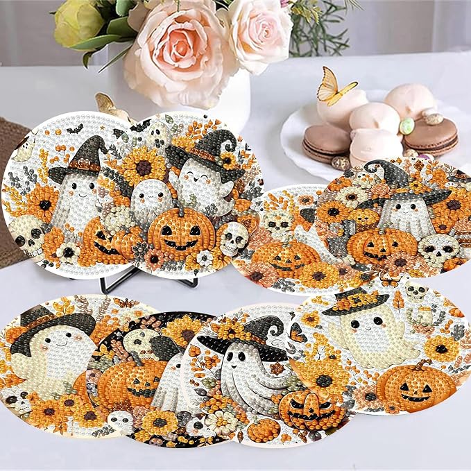 8 Pack Halloween Diamond Art Coasters, Ghost Diamond Painting Coasters Kits |