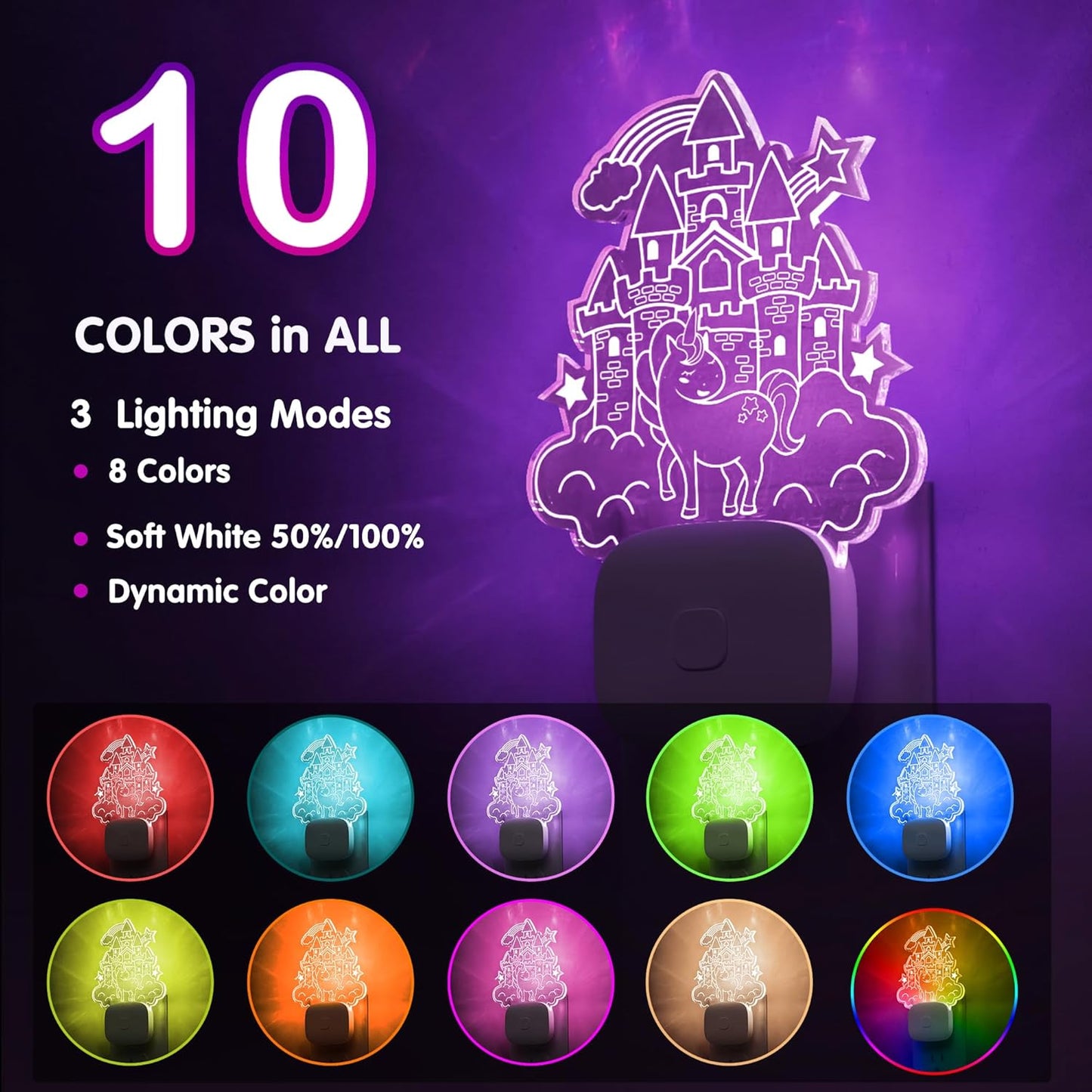 L LOHAS LED Night Lights for Kids, Acrylic Carved Castle Design, 8-Color Changing, Dusk to Dawn Sensor, Plug in Kids Night Lights for Baby, Girls Bedroom, 1 Pack
