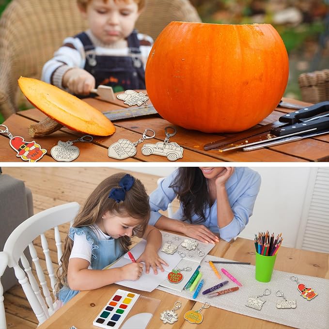 RattanView 24 Pcs Fall Craft Color Your Own Keychains DIY Craft Wooden Blank