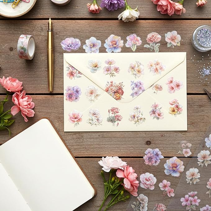 30 PCS Sparkly Flower Stickers Clear Glitter Floral Stickers Holographic PET