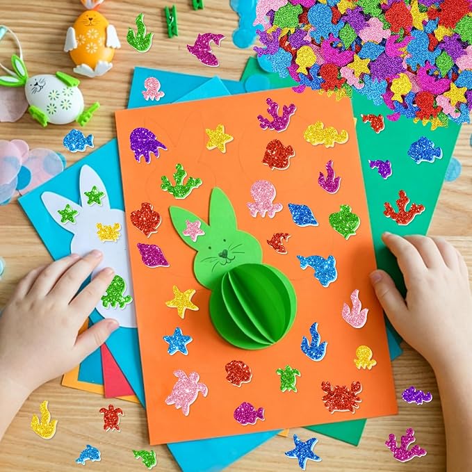 744PCS Glitter Foam Stickers, Colorful Sea Animal Stickers, Self-Adhesive Foam