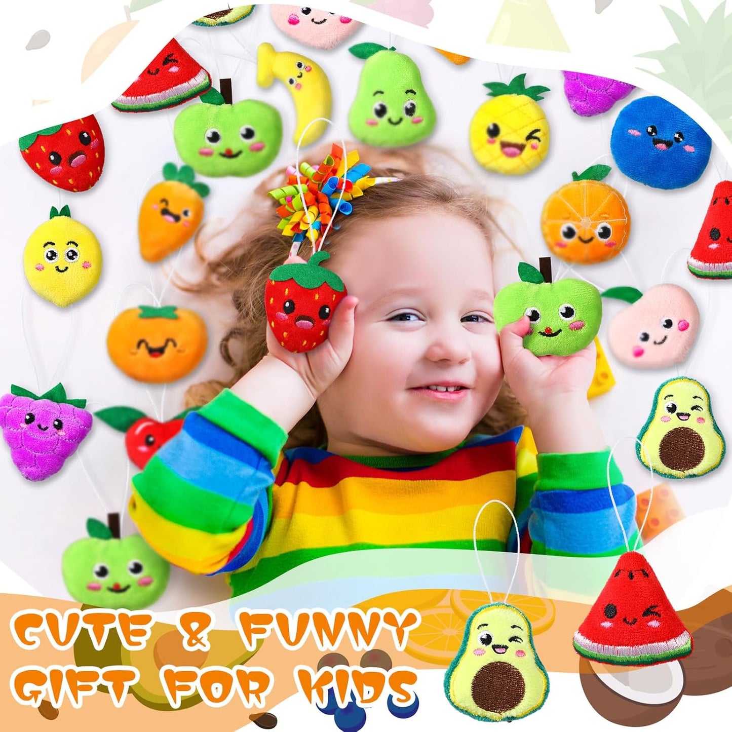 Libima 150 Pcs Mini Stuffed Animals Sea Animal Fruit Plush Keychain Set for Carnival Birthday Classroom Prizes Decoration for Clothes (Fruit)