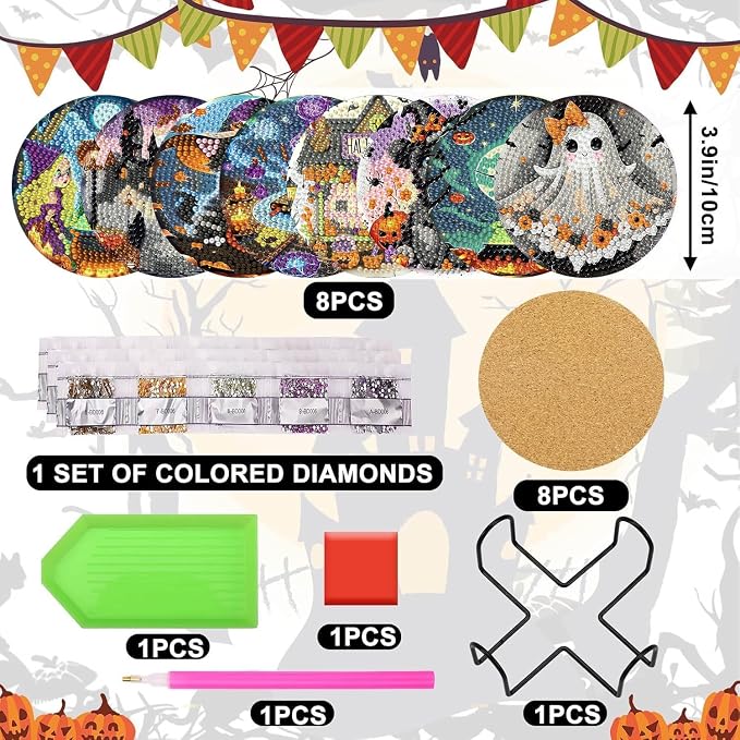 Axquilon 8 Pcs Halloween Diamond Art Coasters Kit
