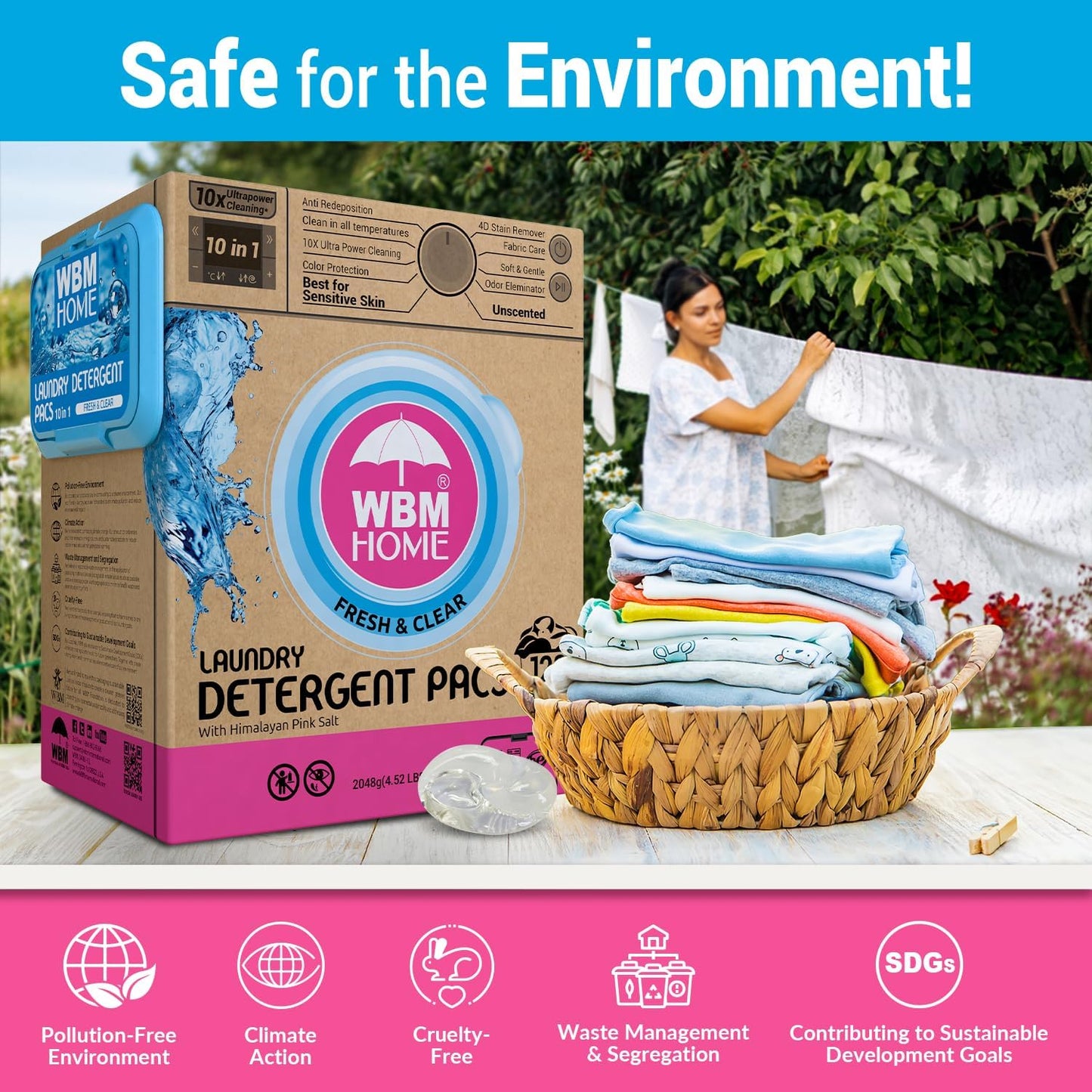 WBM Laundry Detergent Pods, 128 Count | Fresh & Clear Unscented | Laundry Pods 10x Ultrapower Cleaning With Color Protection and Eco-Friendly Packaging