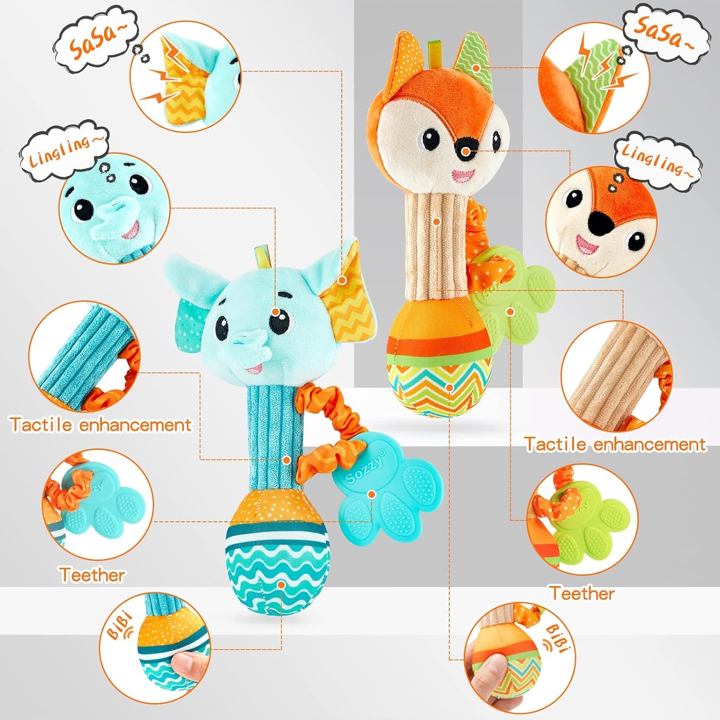Baby Rattles 0-6 Months，Baby Soft Rattles Shaker，Hand Grab Sensory Shaker,Teething Toys for Babies 6-12 Months，Sensory Plush Animal Toys for 0 3 6 9 12 Months Newborn Toys, 2PCS