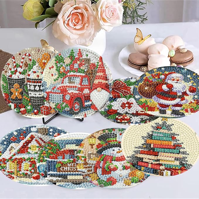 8 Pack Christmas Diamond Art Coasters, Diamond Painting Coasters Kits |