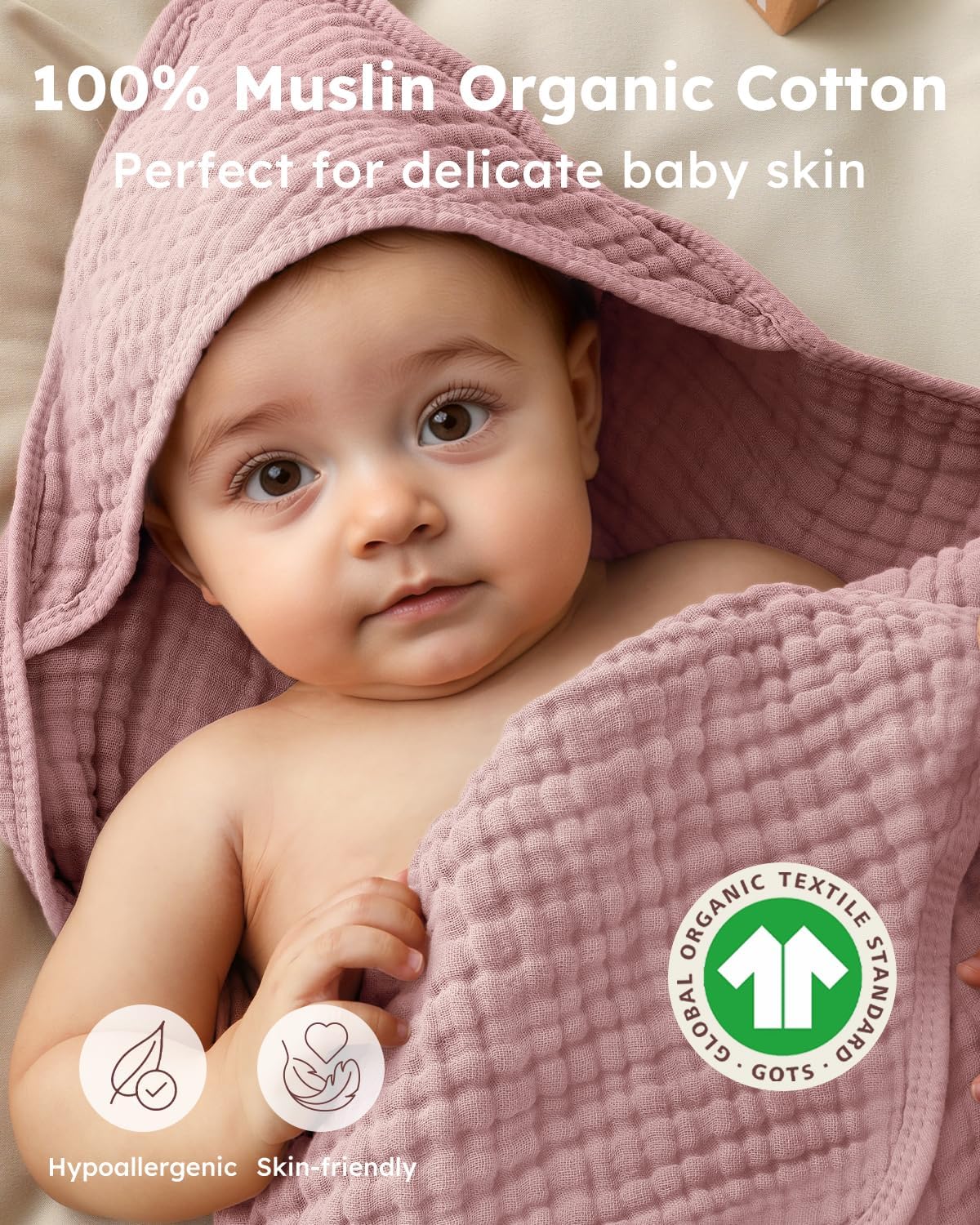 Yoofoss Hooded Baby Towels for Newborn 2 Pack 100% Muslin Organic Cotton Baby Bath Towel with Hood for Babies, Infant, Toddler and Kids,37.5“x37.5“, Soft and Absorbent Newborn Essential,Pink&WhiteLeaf