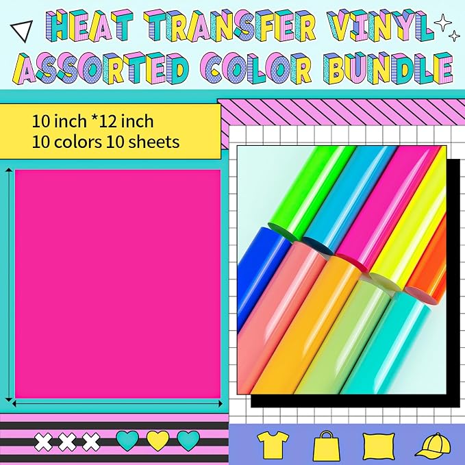 VINYL FROG 10 Sheets Neon Heat Transfer Vinyl Bundle 12"x10" Green & Yellow &