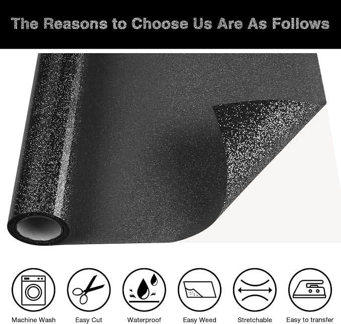 Black Glitter HTV Heat Transfer Vinyl Roll 12inch x 5 ft
