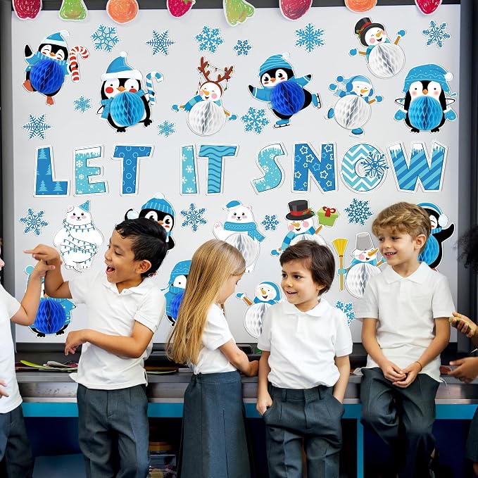 Naozinebi 53PCS 3D Winter Honeycomb Bulletin Board Snowflake Penguin Bulletin
