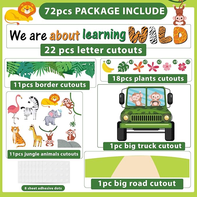 72PCS We Are Wild About Learning Bulletin Board Set Jungle Animals Truck