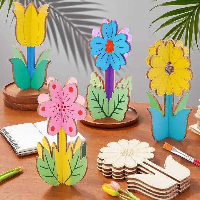 3D Wooden Flower Crafts to Paint, 4 Styles Flowers Ornaments