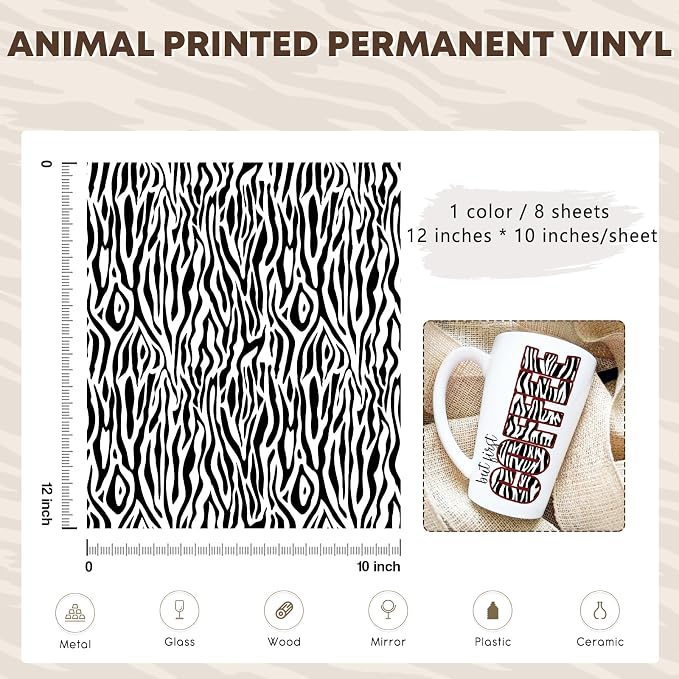 Tintnut Leopard Permanent Vinyl Zebra Pattern Adhesive Vinyl 8 Pcs 12x10in |