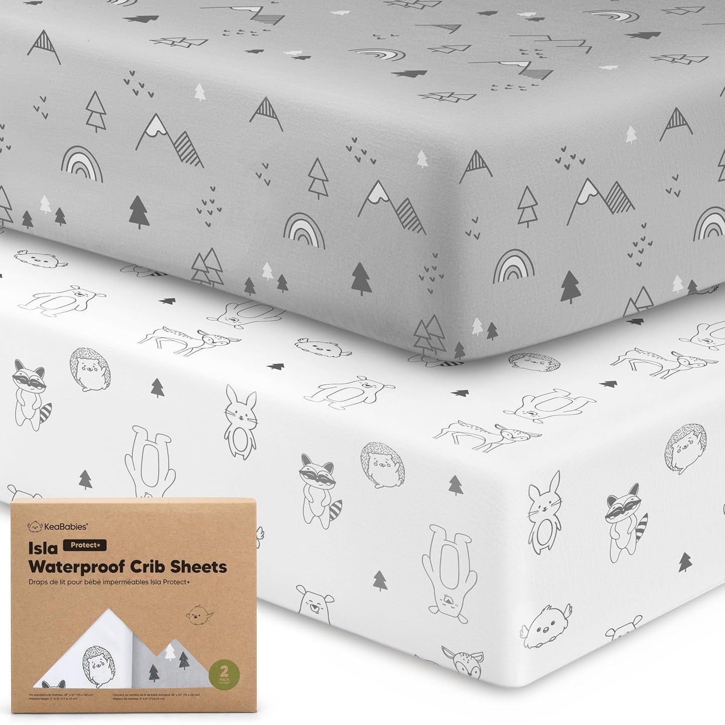 2-Pack Waterproof Baby Crib Sheets for Boys, Girls - 52x28 Viscose Derived from Bamboo Toddler Bed Sheet Neutral, Fitted Crib Mattress Protector Cover for Baby Bedding, Soft & Gentle (Woodland)