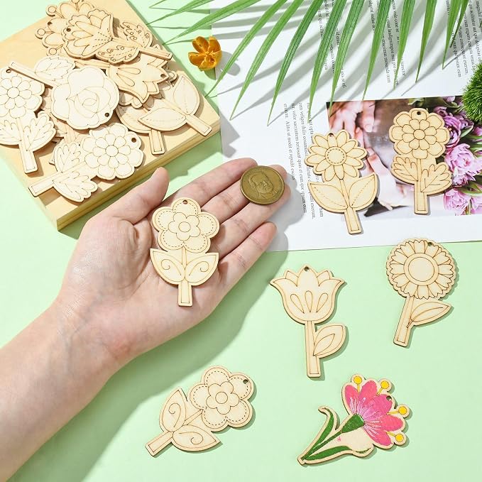 48 Pcs Unfinished Wood Flower Cutouts