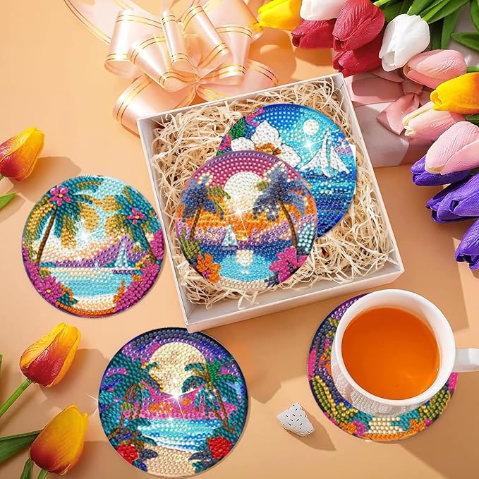 EWJRNSF 6 PCS Ocean Beach Diamond Art Coasters Kit